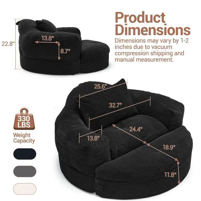 Alt view image 3 of 7 - Oversized Round Chaise Lounge Chair with Ottoman, Corduroy Boneless Deep Seat Sofa for Living Room & Bedroom Black