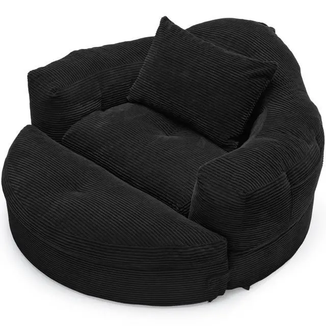 Alt view image 2 of 7 - Oversized Round Chaise Lounge Chair with Ottoman, Corduroy Boneless Deep Seat Sofa for Living Room & Bedroom Black