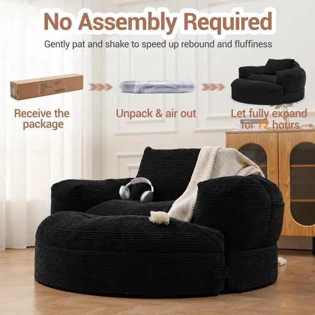 Alt view image 7 of 7 - Oversized Round Chaise Lounge Chair with Ottoman, Corduroy Boneless Deep Seat Sofa for Living Room & Bedroom Black