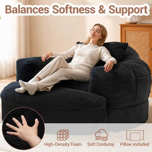 Alt view image 4 of 7 - Oversized Round Chaise Lounge Chair with Ottoman, Corduroy Boneless Deep Seat Sofa for Living Room & Bedroom Black