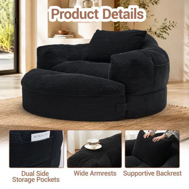 Alt view image 6 of 7 - Oversized Round Chaise Lounge Chair with Ottoman, Corduroy Boneless Deep Seat Sofa for Living Room & Bedroom Black
