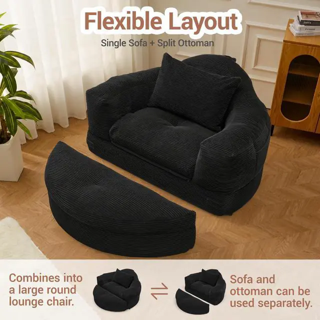 Alt view image 5 of 7 - Oversized Round Chaise Lounge Chair with Ottoman, Corduroy Boneless Deep Seat Sofa for Living Room & Bedroom Black