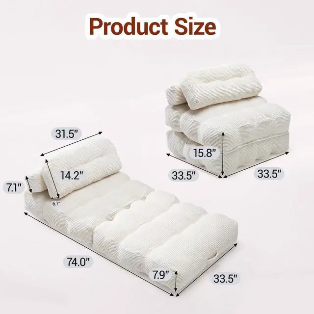 Alt view image 2 of 7 - Folding Sofa Bed with Pillow and Pocket Sofa bed Convertible Sleeper Chair Corduroy Boneless Couch for Living Room Bedroom Beige