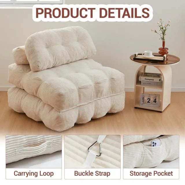 Alt view image 5 of 7 - Folding Sofa Bed with Pillow and Pocket Sofa bed Convertible Sleeper Chair Corduroy Boneless Couch for Living Room Bedroom Beige