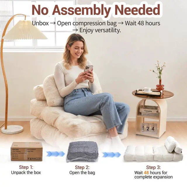 Alt view image 6 of 7 - Folding Sofa Bed with Pillow and Pocket Sofa bed Convertible Sleeper Chair Corduroy Boneless Couch for Living Room Bedroom Beige
