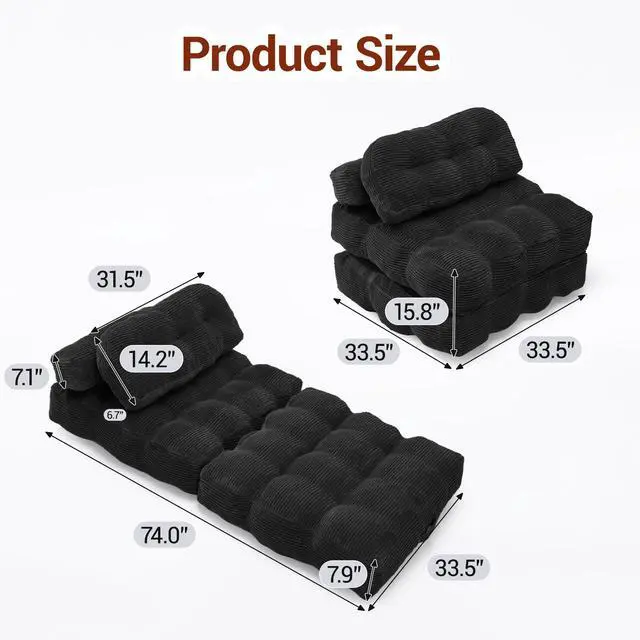 Alt view image 2 of 7 - Folding Sofa Bed with Pillow and Pocket Sofa bed Convertible Sleeper Chair Corduroy Boneless Couch for Living Room Bedroom Black