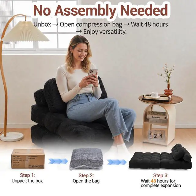Alt view image 6 of 7 - Folding Sofa Bed with Pillow and Pocket Sofa bed Convertible Sleeper Chair Corduroy Boneless Couch for Living Room Bedroom Black