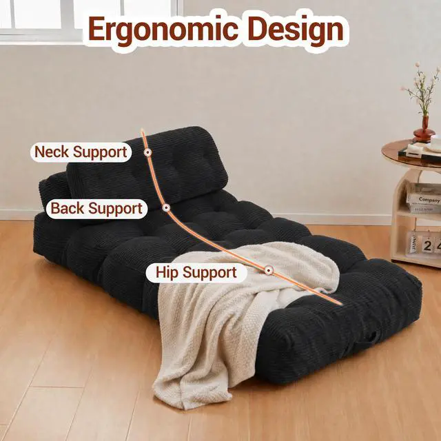 Alt view image 4 of 7 - Folding Sofa Bed with Pillow and Pocket Sofa bed Convertible Sleeper Chair Corduroy Boneless Couch for Living Room Bedroom Black