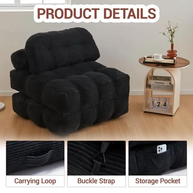 Alt view image 5 of 7 - Folding Sofa Bed with Pillow and Pocket Sofa bed Convertible Sleeper Chair Corduroy Boneless Couch for Living Room Bedroom Black