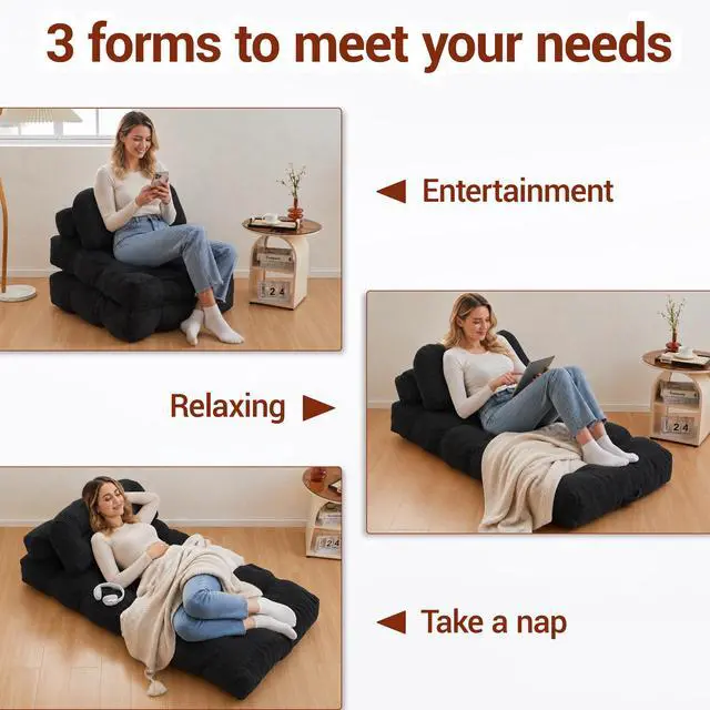Alt view image 7 of 7 - Folding Sofa Bed with Pillow and Pocket Sofa bed Convertible Sleeper Chair Corduroy Boneless Couch for Living Room Bedroom Black