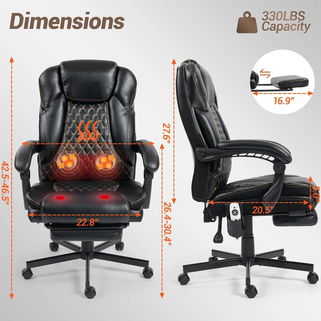 Alt view image 3 of 7 - VANBOW Kneading Massage Heated Office Chair Ergonomic Executive Chair with Footrest, 2-Point Vibration, 2-Point Knead with Recline