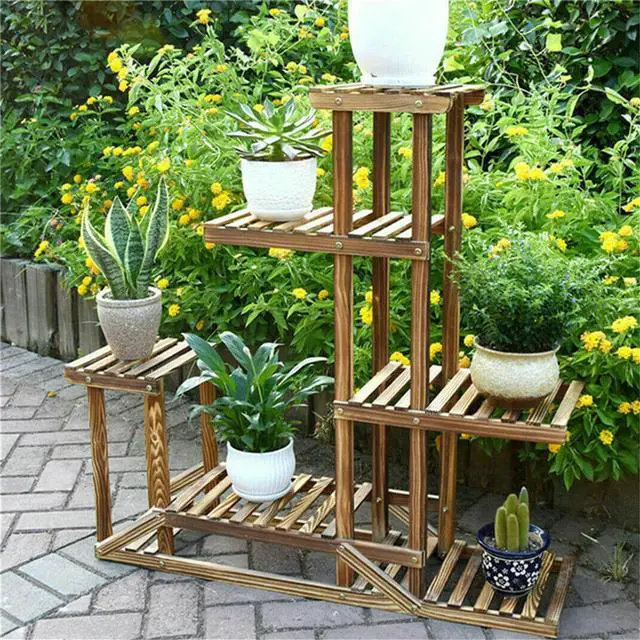 Alt view image 3 of 7 - 6 Tier Flower Plant Planter Stand Shelf Rack Indoor Outdoor Patio Garden Wooden,Strong Multi Tier Wood Flower Rack Plant Stand Planter Shelves Bonsai Herb Shelf