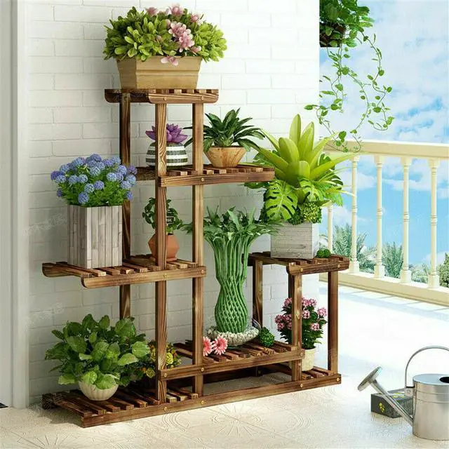 Alt view image 6 of 7 - 6 Tier Flower Plant Planter Stand Shelf Rack Indoor Outdoor Patio Garden Wooden,Strong Multi Tier Wood Flower Rack Plant Stand Planter Shelves Bonsai Herb Shelf