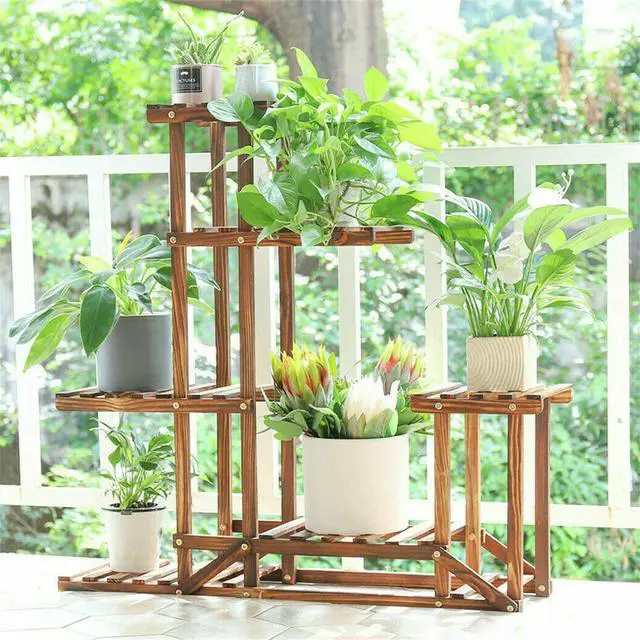 Alt view image 4 of 7 - 6 Tier Flower Plant Planter Stand Shelf Rack Indoor Outdoor Patio Garden Wooden,Strong Multi Tier Wood Flower Rack Plant Stand Planter Shelves Bonsai Herb Shelf