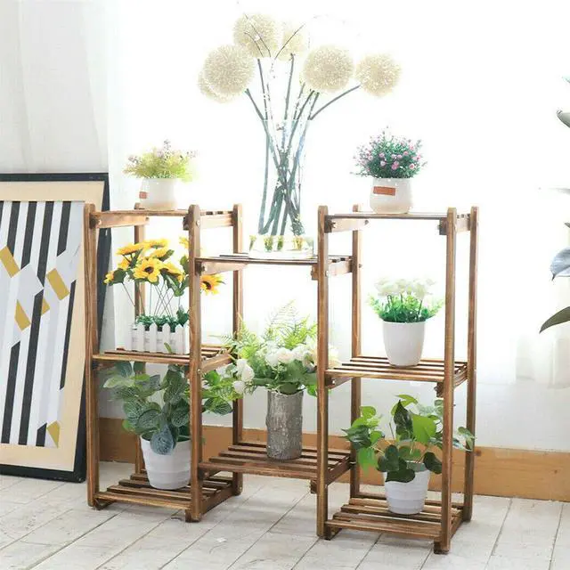 Alt view image 4 of 7 - New Flexible Combination Tall Plant Stand Corner Flower Pot Display Holder Rack,8 Tier Carbonized Wood Plant Stand Flower Pot Shelf Display Rack Indoor Outdoor