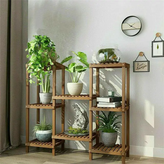 Alt view image 3 of 7 - New Flexible Combination Tall Plant Stand Corner Flower Pot Display Holder Rack,8 Tier Carbonized Wood Plant Stand Flower Pot Shelf Display Rack Indoor Outdoor