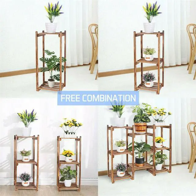 Alt view image 6 of 7 - New Flexible Combination Tall Plant Stand Corner Flower Pot Display Holder Rack,8 Tier Carbonized Wood Plant Stand Flower Pot Shelf Display Rack Indoor Outdoor