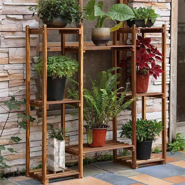 Alt view image 5 of 7 - New Flexible Combination Tall Plant Stand Corner Flower Pot Display Holder Rack,8 Tier Carbonized Wood Plant Stand Flower Pot Shelf Display Rack Indoor Outdoor