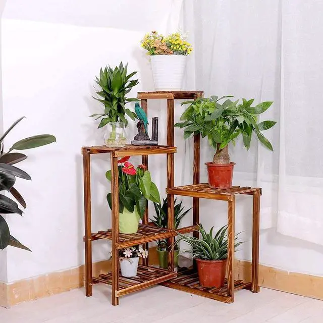 Alt view image 5 of 7 - unho Plant Corner Stand 6 Tier Wood Shelf Indoor Outdoor Garden Patio Displaying Shelves Rack for Flowers Succulents Planter Pots