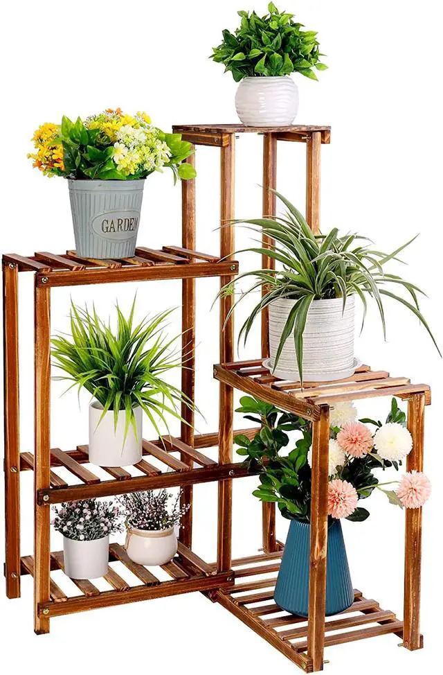 Alt view image 2 of 7 - unho Plant Corner Stand 6 Tier Wood Shelf Indoor Outdoor Garden Patio Displaying Shelves Rack for Flowers Succulents Planter Pots
