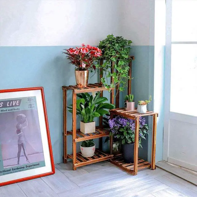 Alt view image 4 of 7 - unho Plant Corner Stand 6 Tier Wood Shelf Indoor Outdoor Garden Patio Displaying Shelves Rack for Flowers Succulents Planter Pots