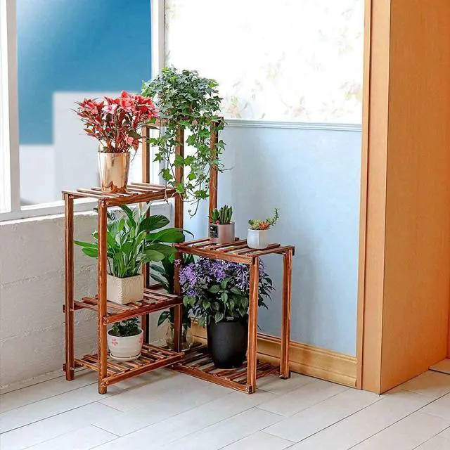 Alt view image 3 of 7 - unho Plant Corner Stand 6 Tier Wood Shelf Indoor Outdoor Garden Patio Displaying Shelves Rack for Flowers Succulents Planter Pots