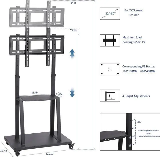 Alt view image 7 of 7 - Heavy Duty TV Stand Wheels TV Bracket Rolling Floor Television Mount for 32"-80"