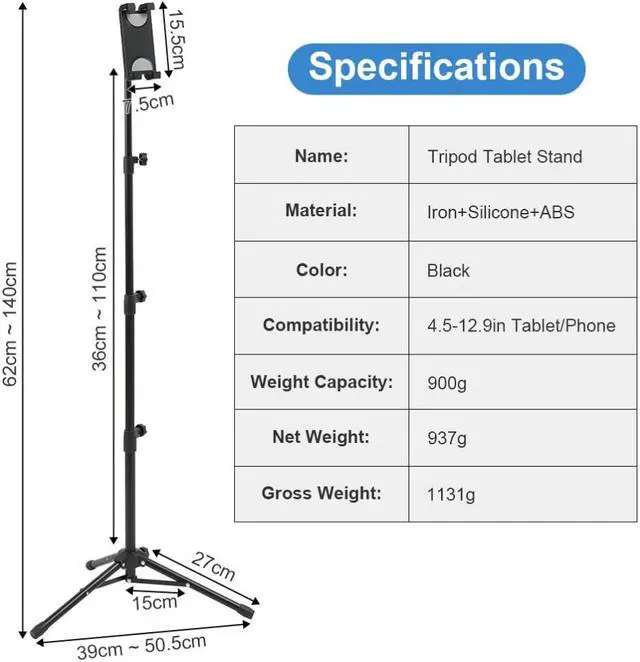 Alt view image 7 of 7 - Portable Tablet Tripod Stand Mobile Phone Holder Height Adjustable 360 Rotating For 4.5-12.9 Phone Tablet