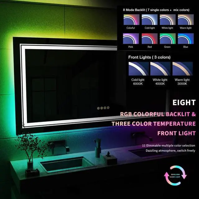 Alt view image 5 of 7 - LED Colorful RGB Backlit  Bathroom  Mirror, Shatterproof Wall Mounted Lighted Makeup Vanity Mirror, Anti Fog Lighted Bathroom Mirrors