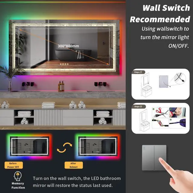 Alt view image 4 of 7 - LED Colorful RGB Backlit  Bathroom  Mirror, Shatterproof Wall Mounted Lighted Makeup Vanity Mirror, Anti Fog Lighted Bathroom Mirrors