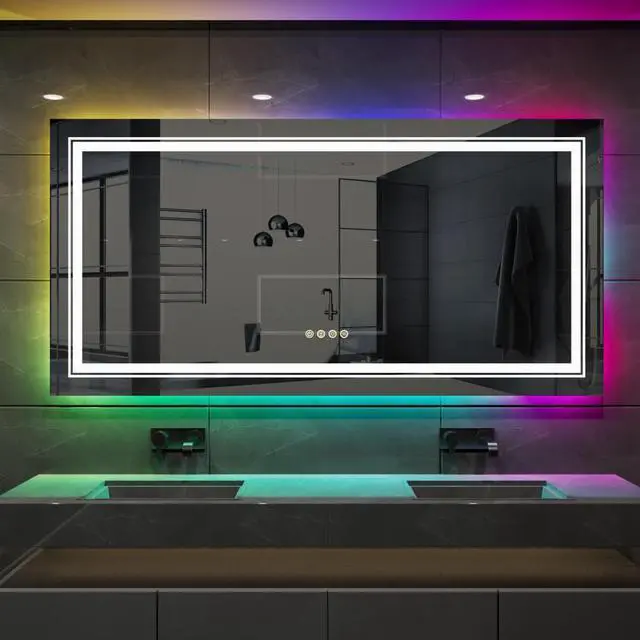 Alt view image 2 of 7 - LED Colorful RGB Backlit  Bathroom  Mirror, Shatterproof Wall Mounted Lighted Makeup Vanity Mirror, Anti Fog Lighted Bathroom Mirrors