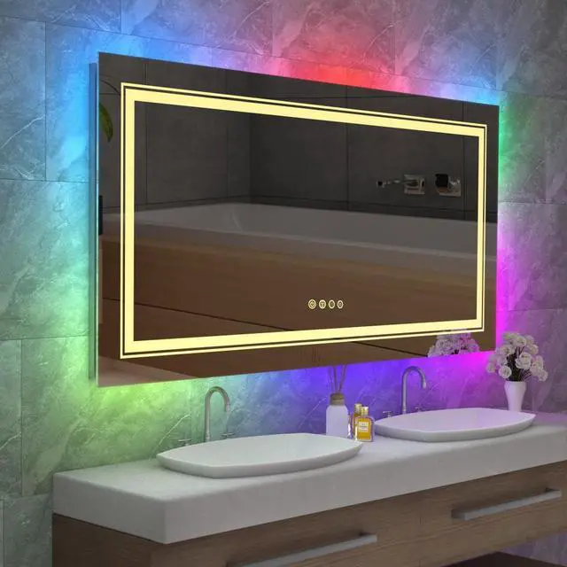 Alt view image 3 of 7 - LED Colorful RGB Backlit  Bathroom  Mirror, Shatterproof Wall Mounted Lighted Makeup Vanity Mirror, Anti Fog Lighted Bathroom Mirrors