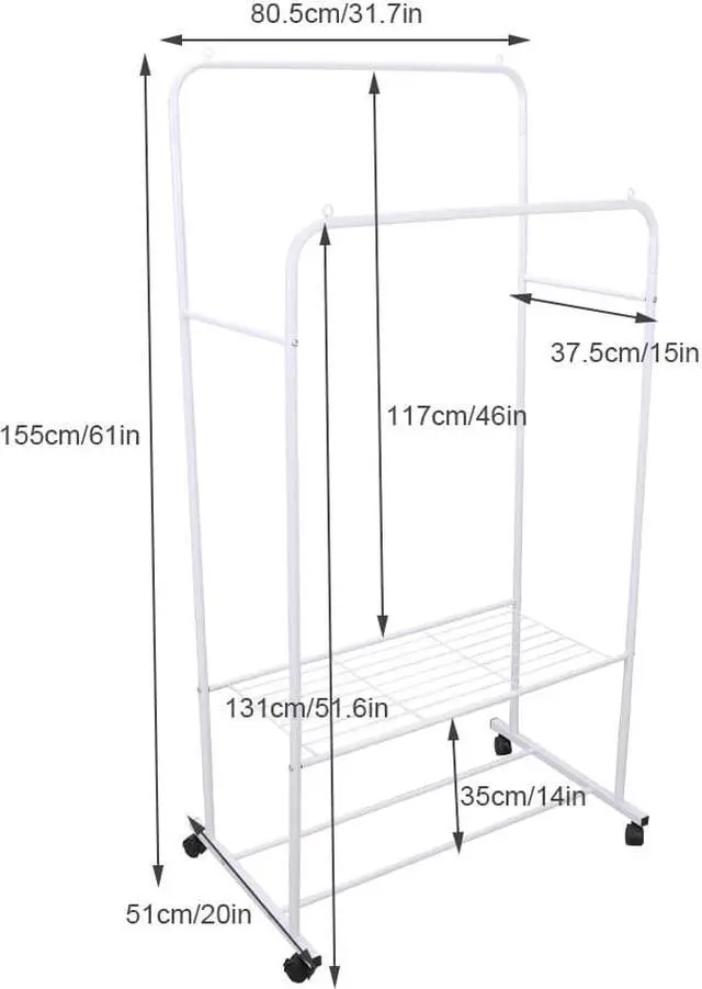 Alt view image 5 of 7 - Fashional simple Double Rail Clothes Rack Rolling Clothes Organizer  Double Rod Portable Clothing Hanging Stand  Display  Garment Rack with 2-tier Storage Shelves