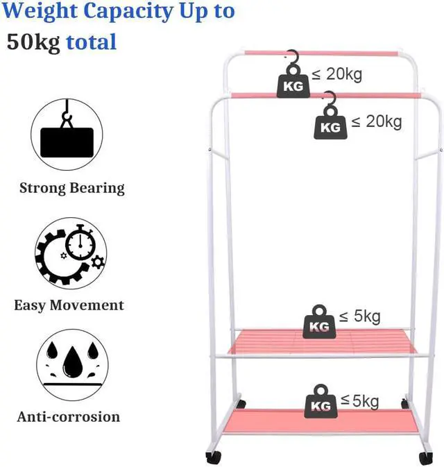 Alt view image 6 of 7 - Fashional simple Double Rail Clothes Rack Rolling Clothes Organizer  Double Rod Portable Clothing Hanging Stand  Display  Garment Rack with 2-tier Storage Shelves