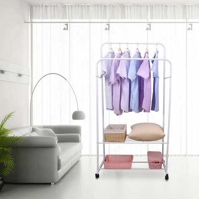 Alt view image 3 of 7 - Fashional simple Double Rail Clothes Rack Rolling Clothes Organizer  Double Rod Portable Clothing Hanging Stand  Display  Garment Rack with 2-tier Storage Shelves