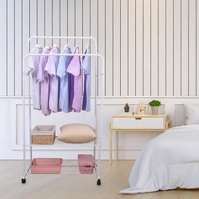 Alt view image 2 of 7 - Fashional simple Double Rail Clothes Rack Rolling Clothes Organizer  Double Rod Portable Clothing Hanging Stand  Display  Garment Rack with 2-tier Storage Shelves