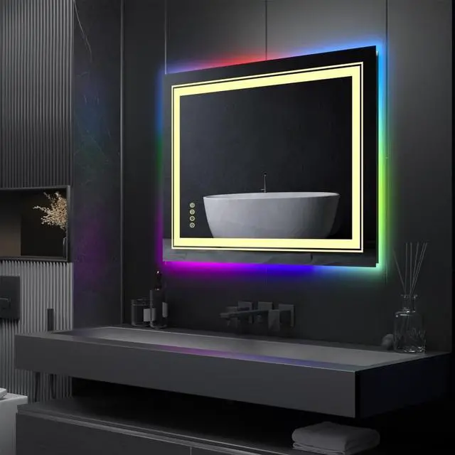 Alt view image 3 of 7 - LED Colorful RGB Backlit Bathroom Mirror, Shatterproof Wall Mounted Lighted Makeup Vanity Mirror, Anti Fog Lighted Bathroom Mirrors