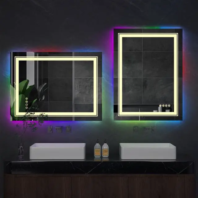 Alt view image 4 of 7 - LED Colorful RGB Backlit Bathroom Mirror, Shatterproof Wall Mounted Lighted Makeup Vanity Mirror, Anti Fog Lighted Bathroom Mirrors