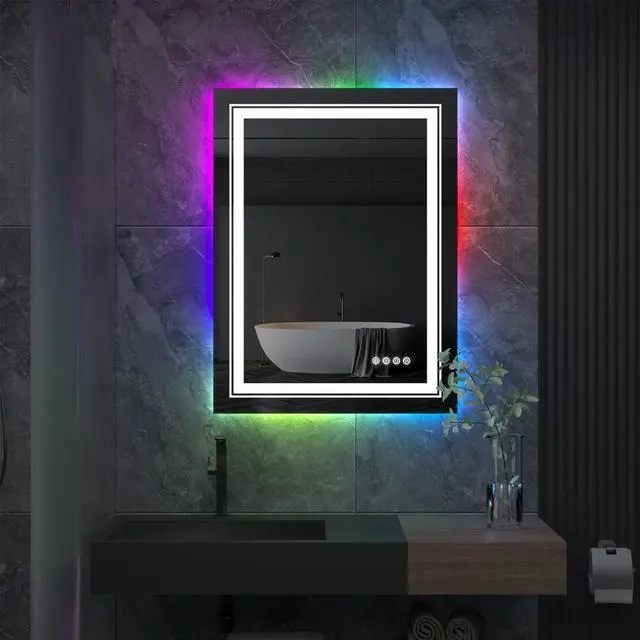 Alt view image 5 of 7 - LED Colorful RGB Backlit Bathroom Mirror, Shatterproof Wall Mounted Lighted Makeup Vanity Mirror, Anti Fog Lighted Bathroom Mirrors