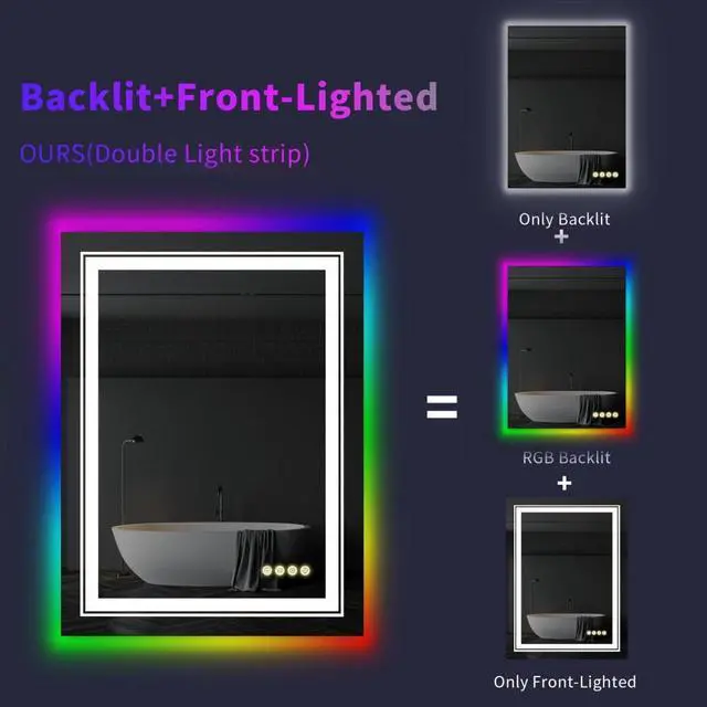 Alt view image 7 of 7 - LED Colorful RGB Backlit Bathroom Mirror, Shatterproof Wall Mounted Lighted Makeup Vanity Mirror, Anti Fog Lighted Bathroom Mirrors