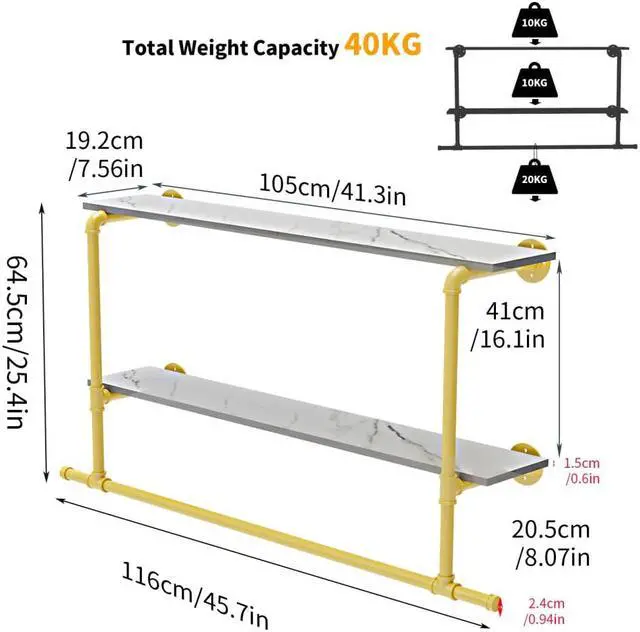 Alt view image 6 of 7 - Wall Mounted Industrial Pipe Garment Rack Heavy Duty Iron  Garment Rack, Multi-Purpose Clothes Display Rack with 2-tier Top Shelves