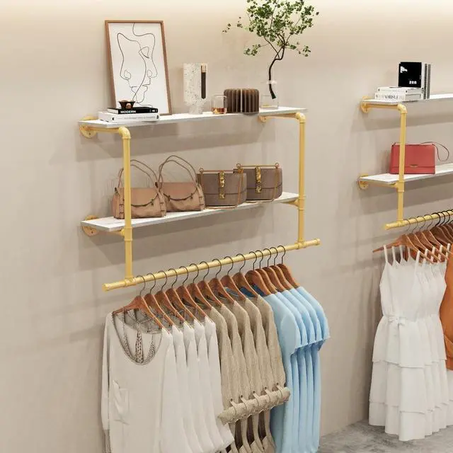 Alt view image 3 of 7 - Wall Mounted Industrial Pipe Garment Rack Heavy Duty Iron  Garment Rack, Multi-Purpose Clothes Display Rack with 2-tier Top Shelves