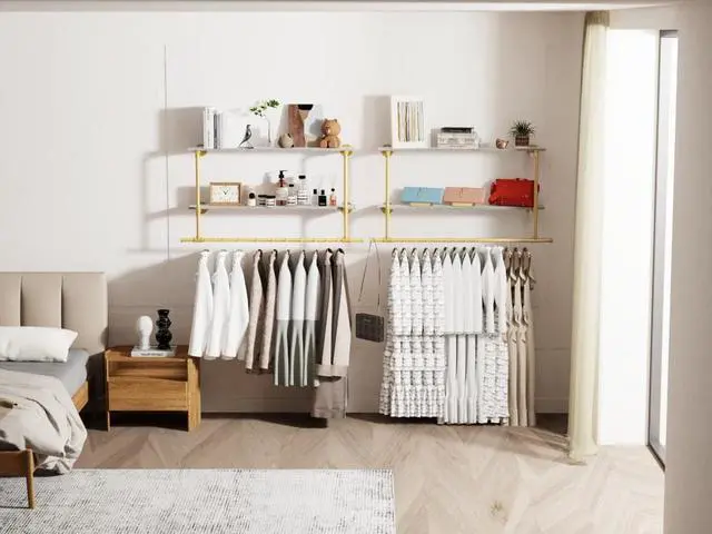Alt view image 7 of 7 - Wall Mounted Industrial Pipe Garment Rack Heavy Duty Iron  Garment Rack, Multi-Purpose Clothes Display Rack with 2-tier Top Shelves