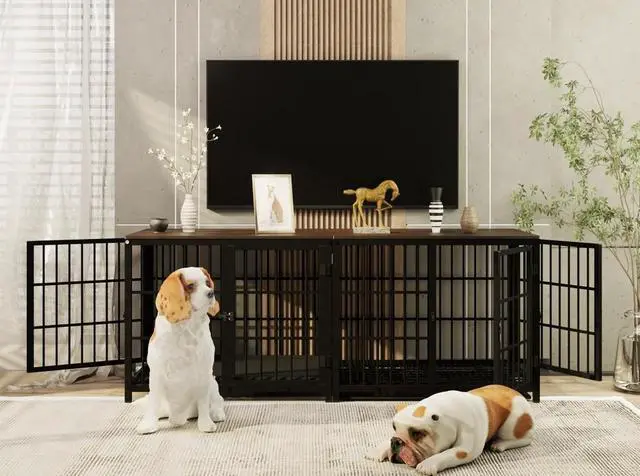 Alt view image 4 of 7 - 3 doors Furniture style  Dog Crate,  Wooden Dog Crate Table, Indoor Dog Kennel, Dog House, Dog Cage Medium with  Removable Tray Large Black