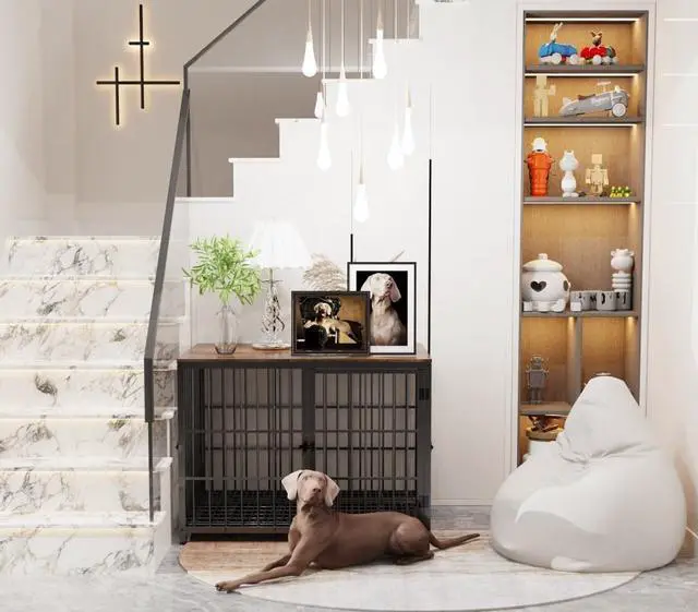 Alt view image 4 of 7 - 3 doors Furniture style  Dog Crate,  Wooden Dog Crate Table, Indoor Dog Kennel, Dog House, Dog Cage Medium with  Removable Tray Medium Black