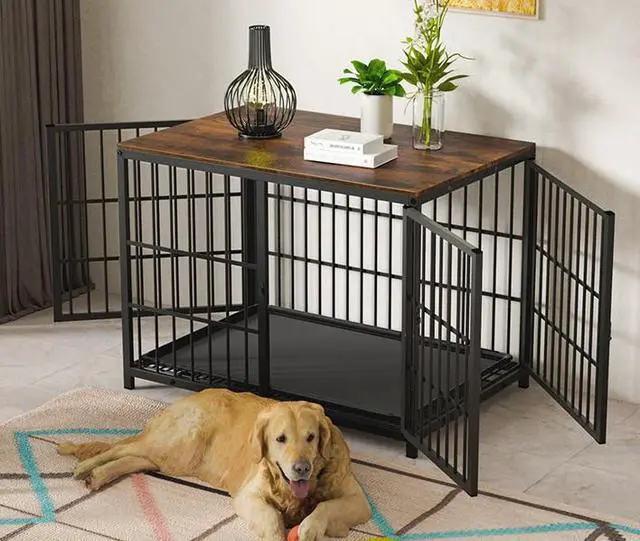 Alt view image 3 of 7 - 3 doors Furniture style  Dog Crate,  Wooden Dog Crate Table, Indoor Dog Kennel, Dog House, Dog Cage Medium with  Removable Tray Medium Black