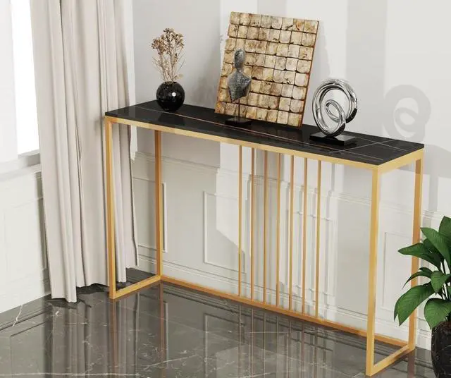 Alt view image 2 of 7 - Modern Sintered Stone Extra long Console Table  Narrow Black Sofa Table Entryway Storage Table Luxuery Bar Table Hallway Accent Table Black