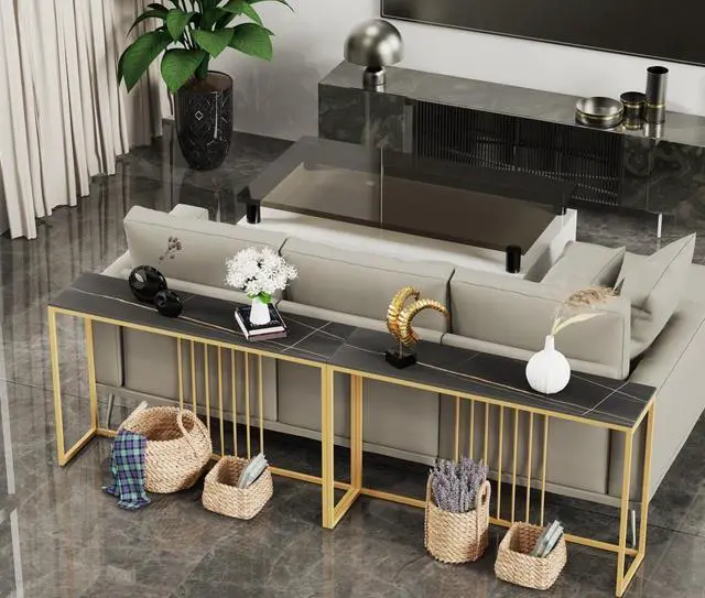 Alt view image 4 of 7 - Modern Sintered Stone Extra long Console Table  Narrow Black Sofa Table Entryway Storage Table Luxuery Bar Table Hallway Accent Table Black