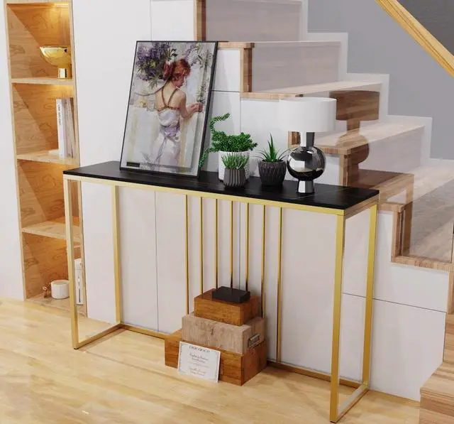 Alt view image 3 of 7 - Modern Sintered Stone Extra long Console Table  Narrow Black Sofa Table Entryway Storage Table Luxuery Bar Table Hallway Accent Table Black