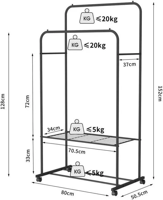 Alt view image 7 of 7 - Fashional simple Double Rail Clothes Rack Rolling Clothes Organizer  Double Rod Portable Clothing Hanging Stand  Display  Garment Rack with 2-tier Storage Shelves Black